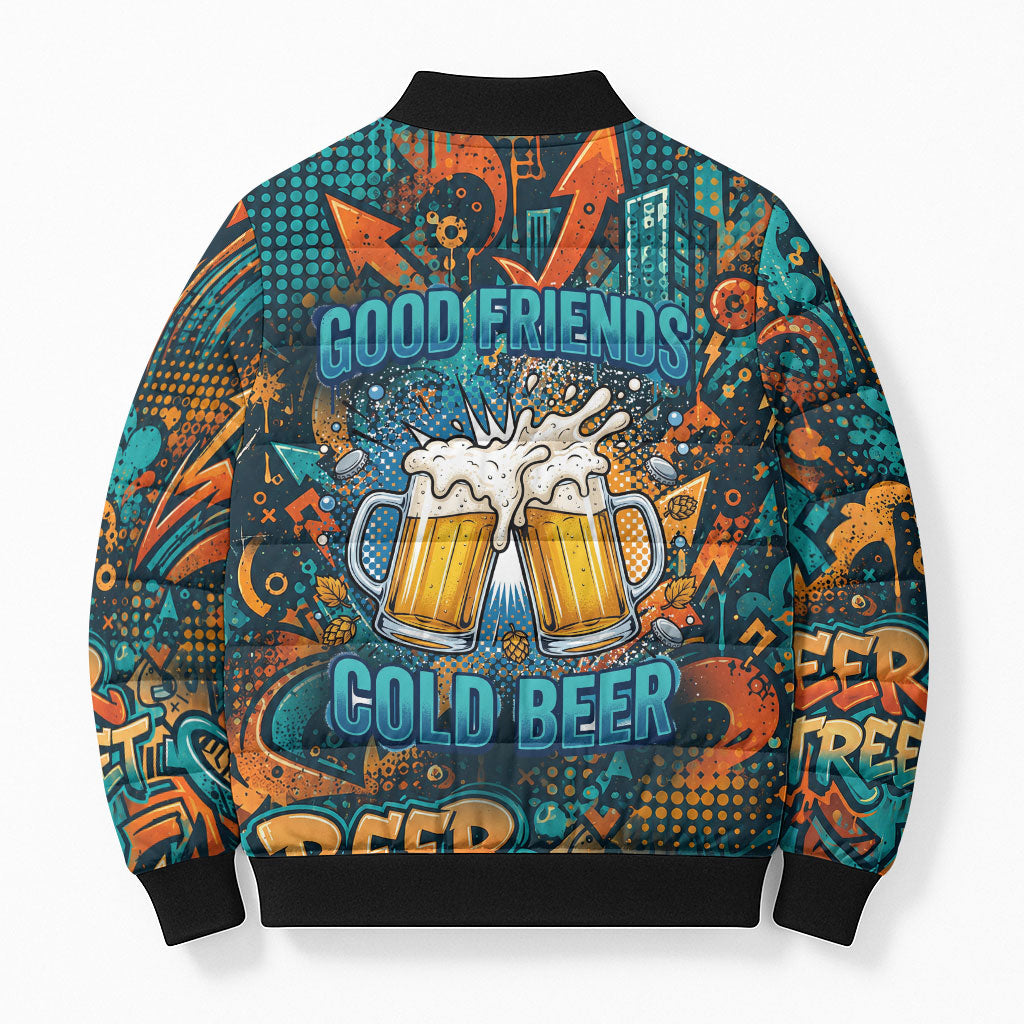 Beer Lovers Cheers To Good Times Bomber Puffer Jacket Urban Graffiti Pattern With Frothy Clinking Mugs Art