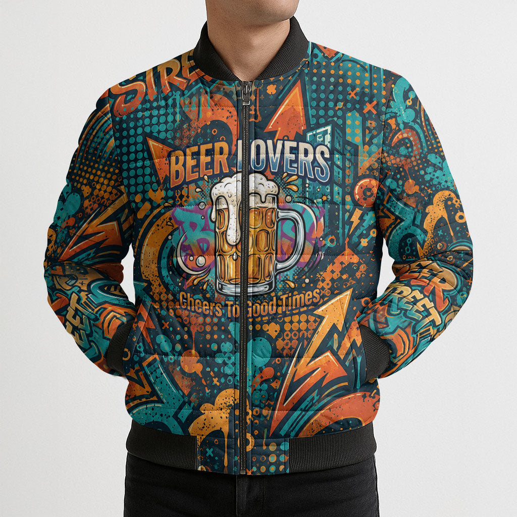 Beer Lovers Cheers To Good Times Bomber Puffer Jacket Urban Graffiti Pattern With Frothy Clinking Mugs Art