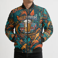 Beer Lovers Cheers To Good Times Bomber Puffer Jacket Urban Graffiti Pattern With Frothy Clinking Mugs Art