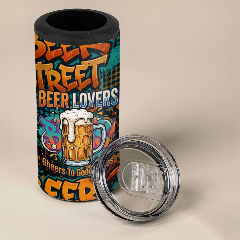 Beer Lovers Cheers To Good Times 4 in 1 Can Cooler Tumbler Urban Graffiti Pattern With Frothy Clinking Mugs Art