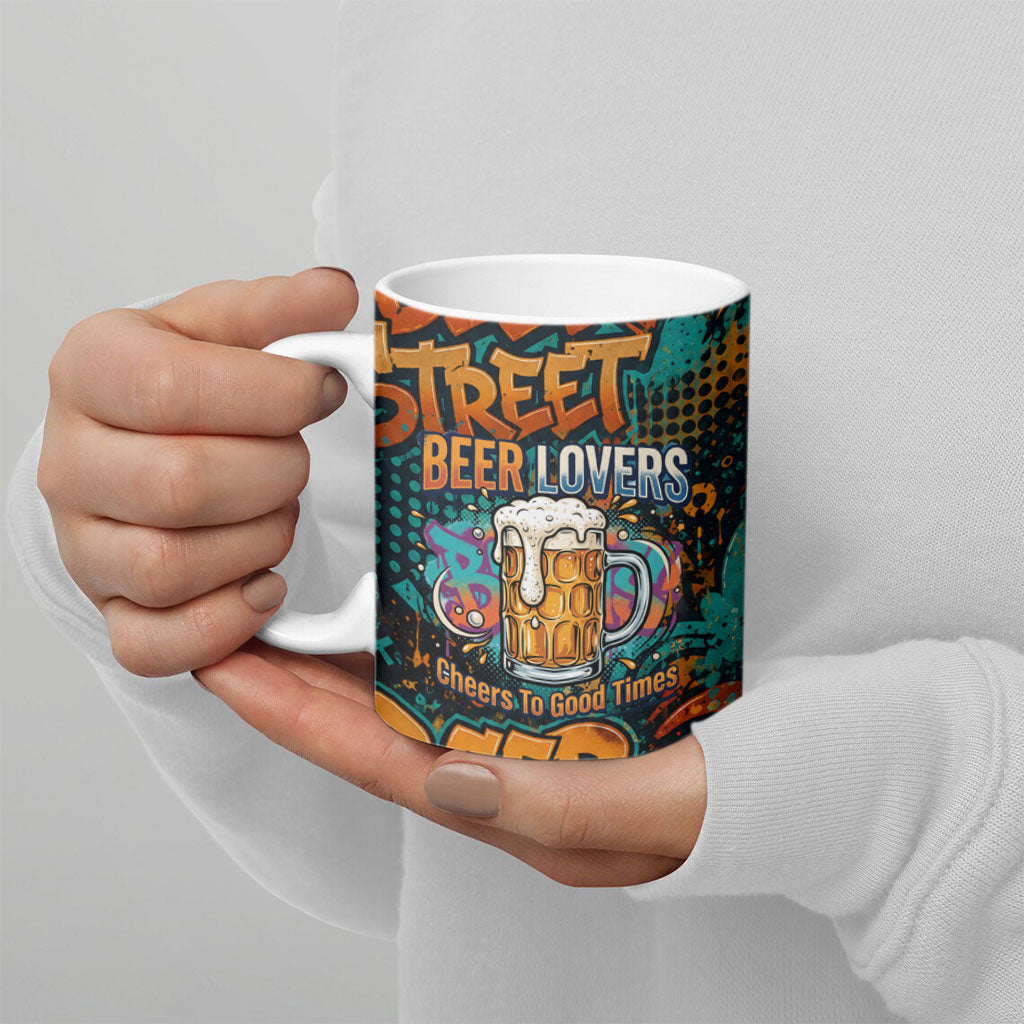 Beer Lovers Cheers To Good Times Ceramic Mug Urban Graffiti Pattern With Frothy Clinking Mugs Art
