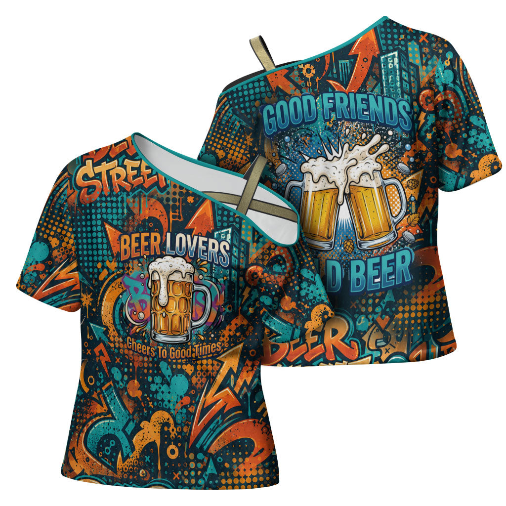 Beer Lovers Cheers To Good Times Cross Shoulder Shirt Urban Graffiti Pattern With Frothy Clinking Mugs Art