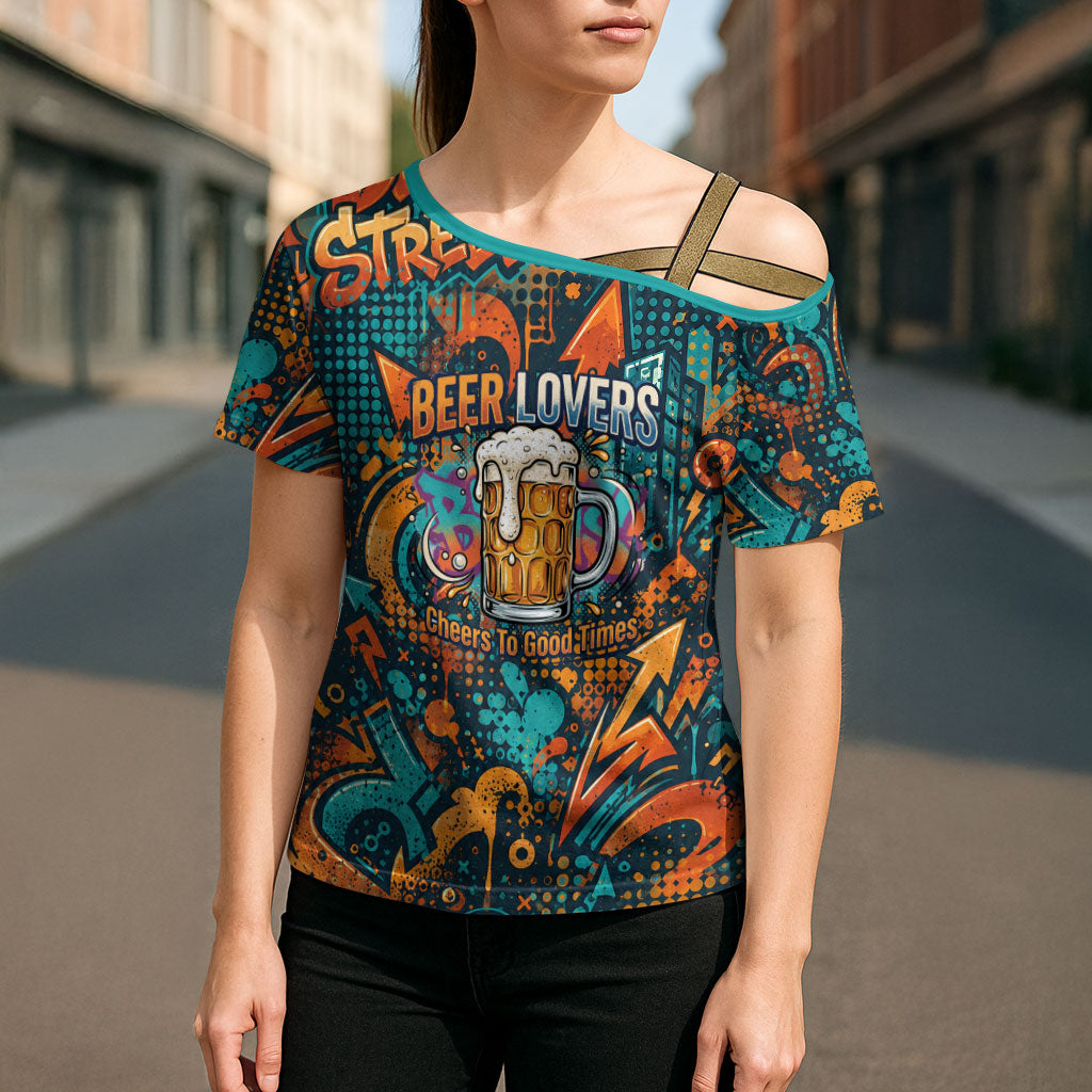 Beer Lovers Cheers To Good Times Cross Shoulder Shirt Urban Graffiti Pattern With Frothy Clinking Mugs Art