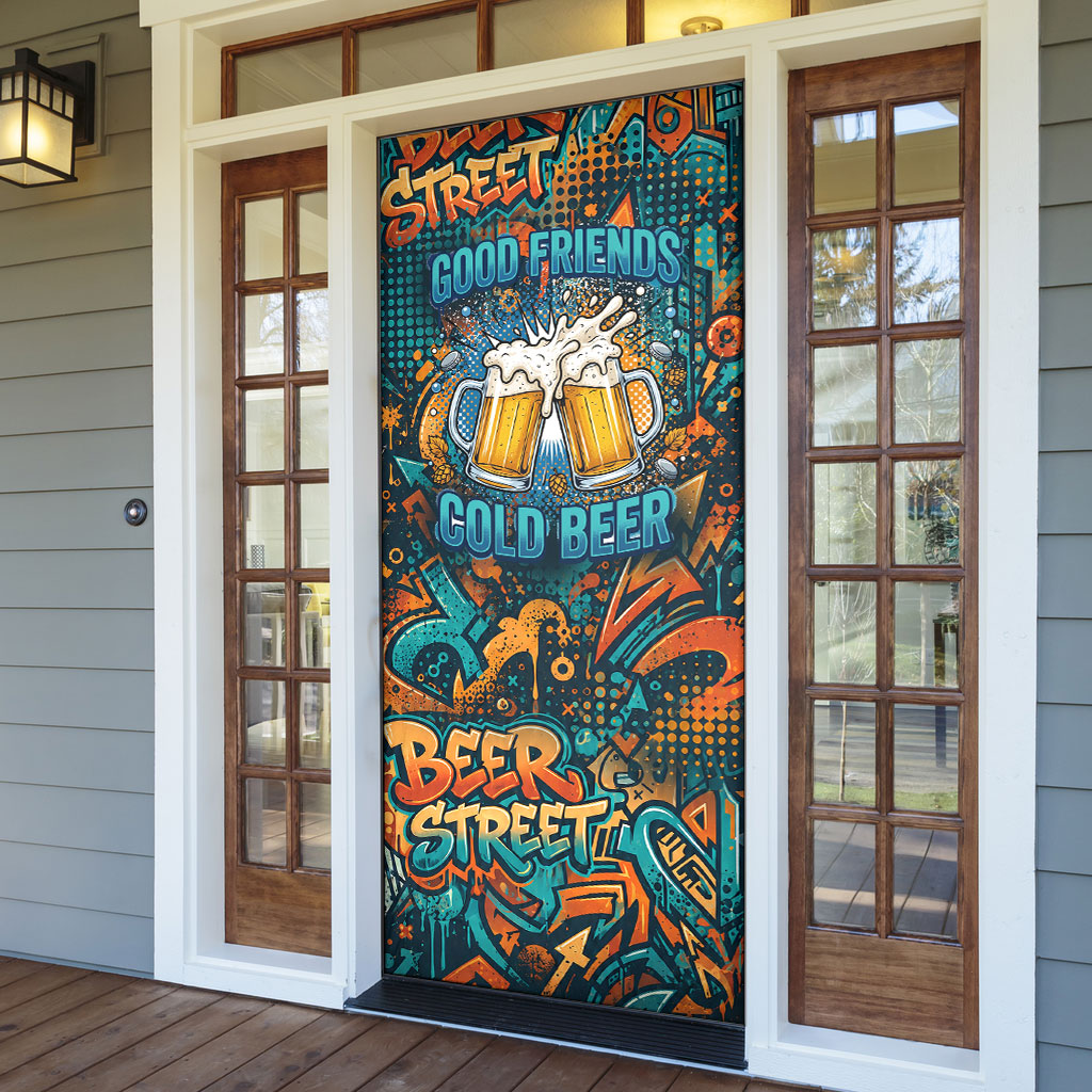 Beer Lovers Cheers To Good Times Door Cover Urban Graffiti Pattern With Frothy Clinking Mugs Art