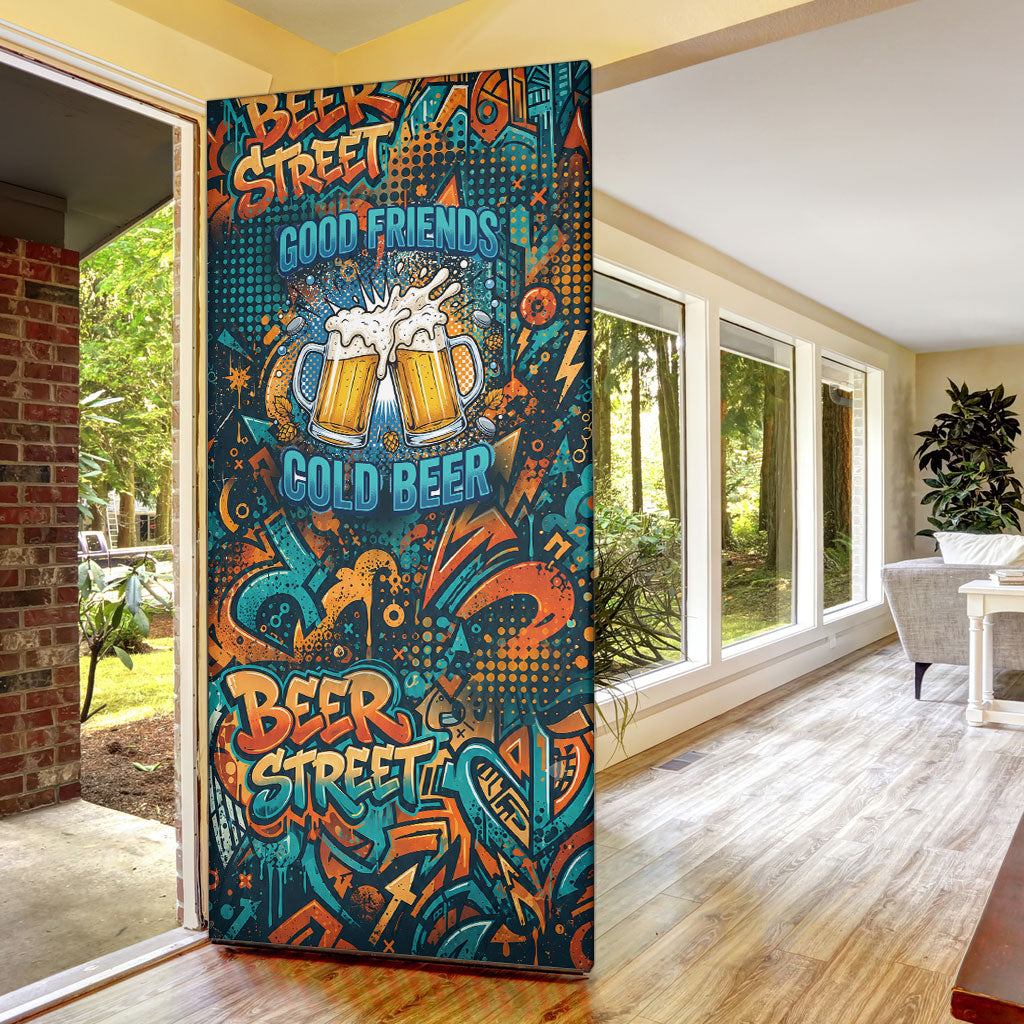 Beer Lovers Cheers To Good Times Door Cover Urban Graffiti Pattern With Frothy Clinking Mugs Art