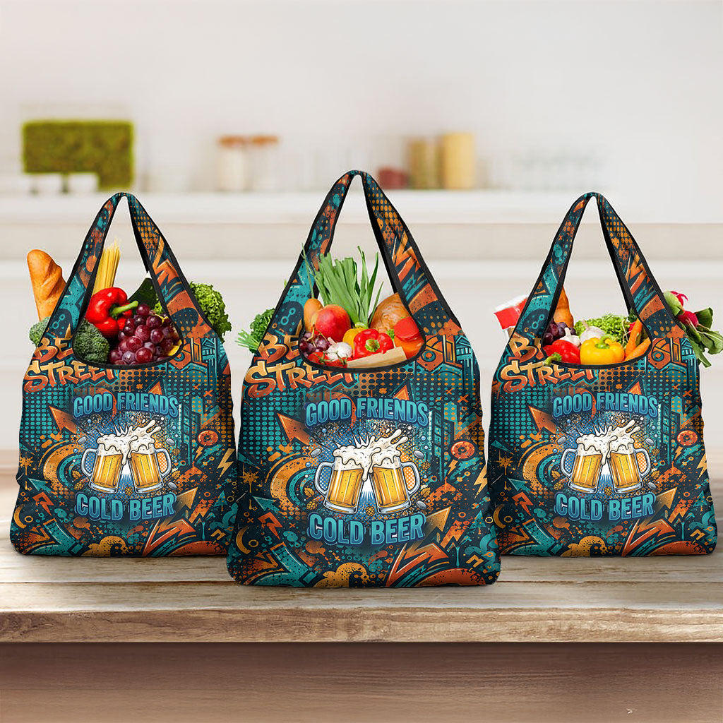 Beer Lovers Cheers To Good Times Grocery Bag Urban Graffiti Pattern With Frothy Clinking Mugs Art