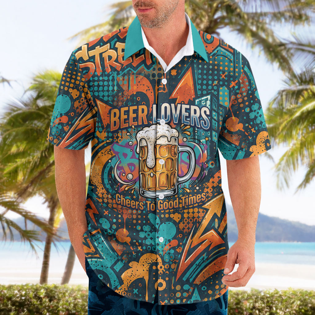 Beer Lovers Cheers To Good Times Hawaiian Shirt Urban Graffiti Pattern With Frothy Clinking Mugs Art