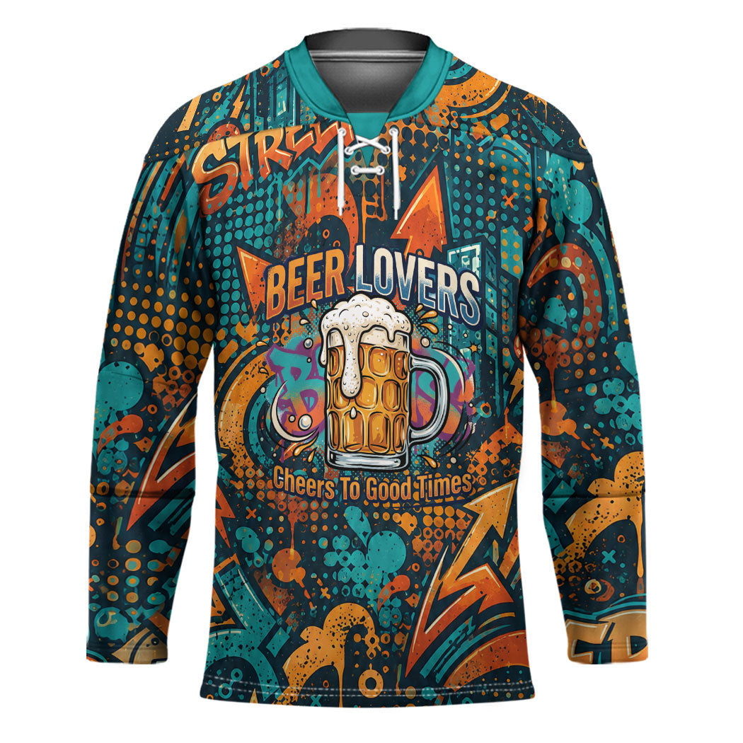 Beer Lovers Cheers To Good Times Hockey Jersey Urban Graffiti Pattern With Frothy Clinking Mugs Art