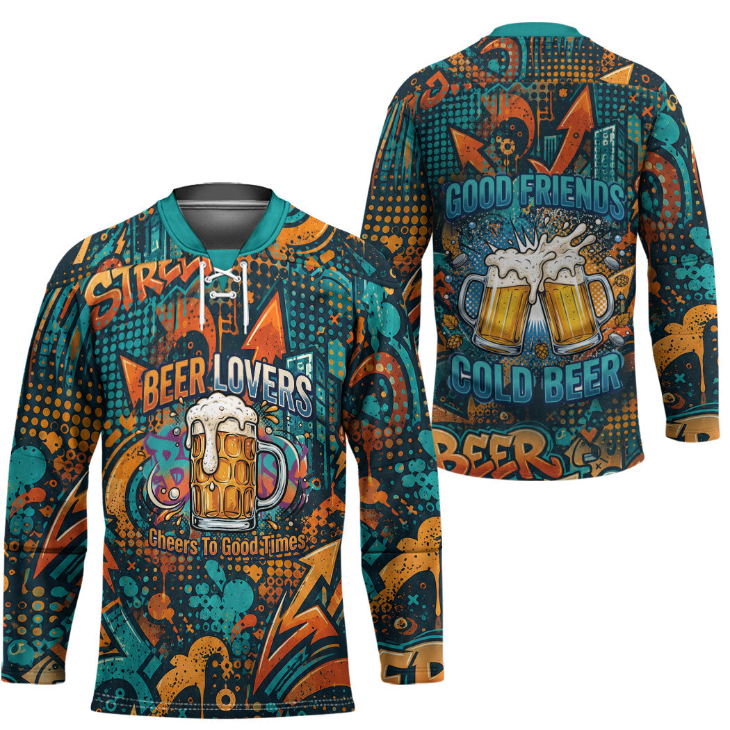 Beer Lovers Cheers To Good Times Hockey Jersey Urban Graffiti Pattern With Frothy Clinking Mugs Art