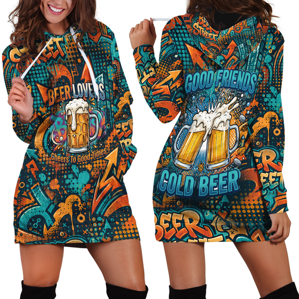 Beer Lovers Cheers To Good Times Hoodie Dress Urban Graffiti Pattern With Frothy Clinking Mugs Art