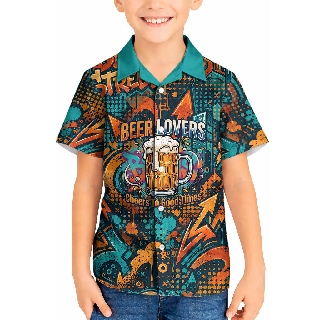 Beer Lovers Cheers To Good Times Kid Hawaiian Shirt Urban Graffiti Pattern With Frothy Clinking Mugs Art