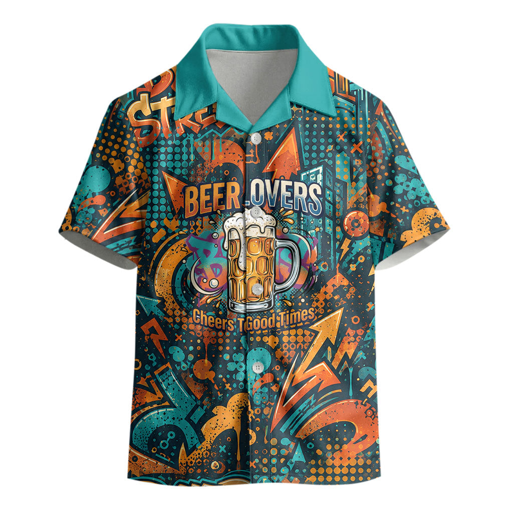 Beer Lovers Cheers To Good Times Kid Hawaiian Shirt Urban Graffiti Pattern With Frothy Clinking Mugs Art