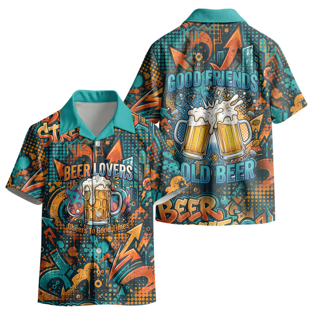 Beer Lovers Cheers To Good Times Kid Hawaiian Shirt Urban Graffiti Pattern With Frothy Clinking Mugs Art