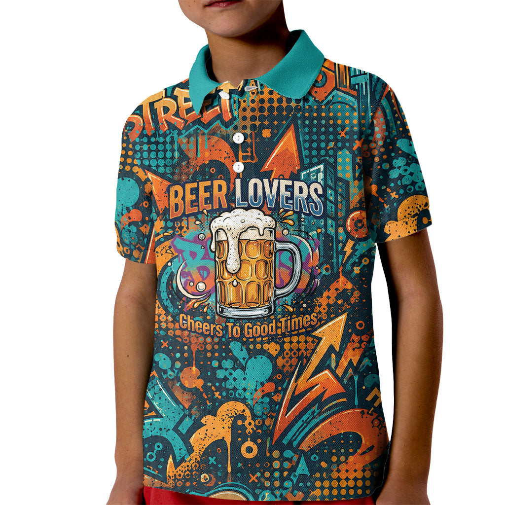 Beer Lovers Cheers To Good Times Kid Polo Shirt Urban Graffiti Pattern With Frothy Clinking Mugs Art