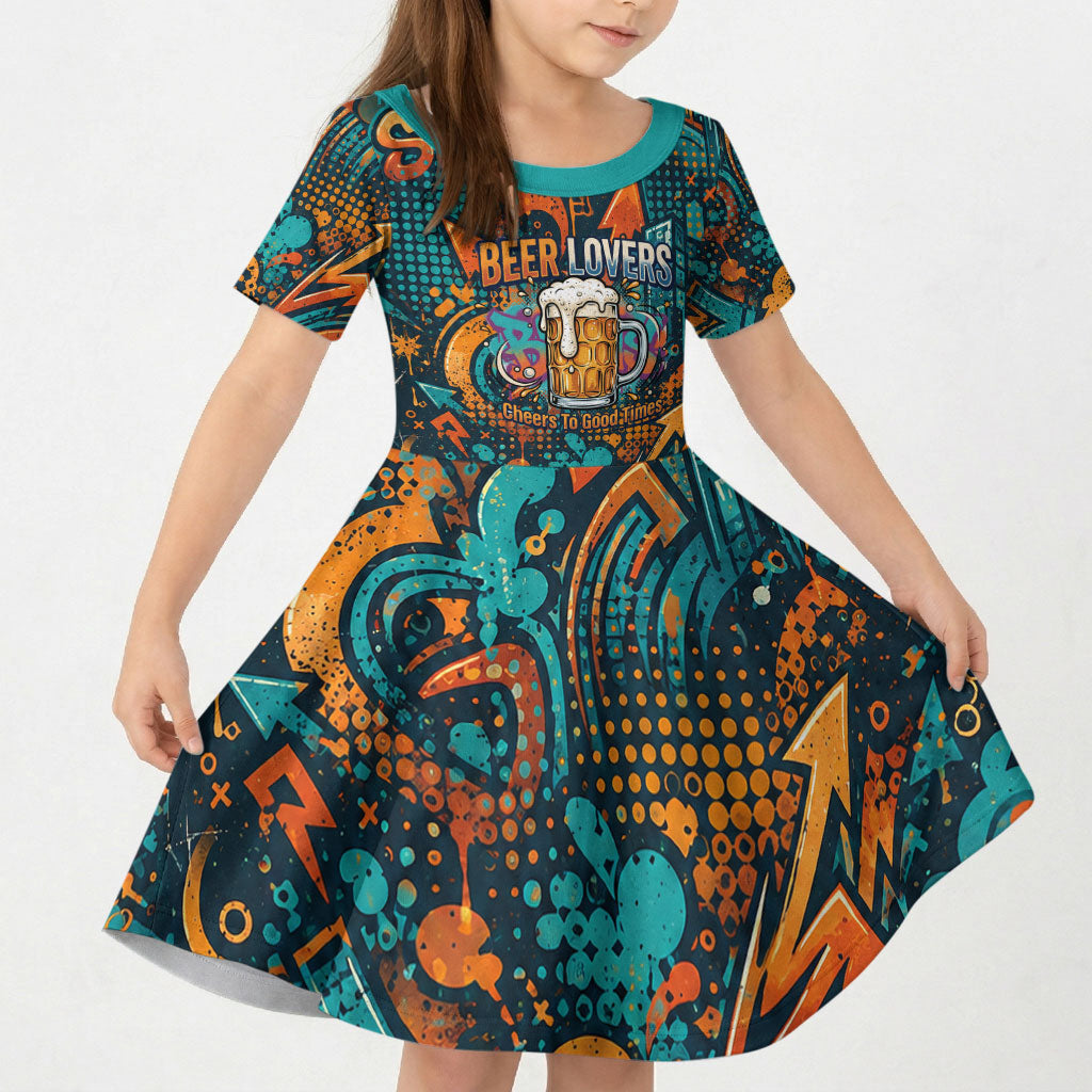 Beer Lovers Cheers To Good Times Kid Short Sleeve Dress Urban Graffiti Pattern With Frothy Clinking Mugs Art