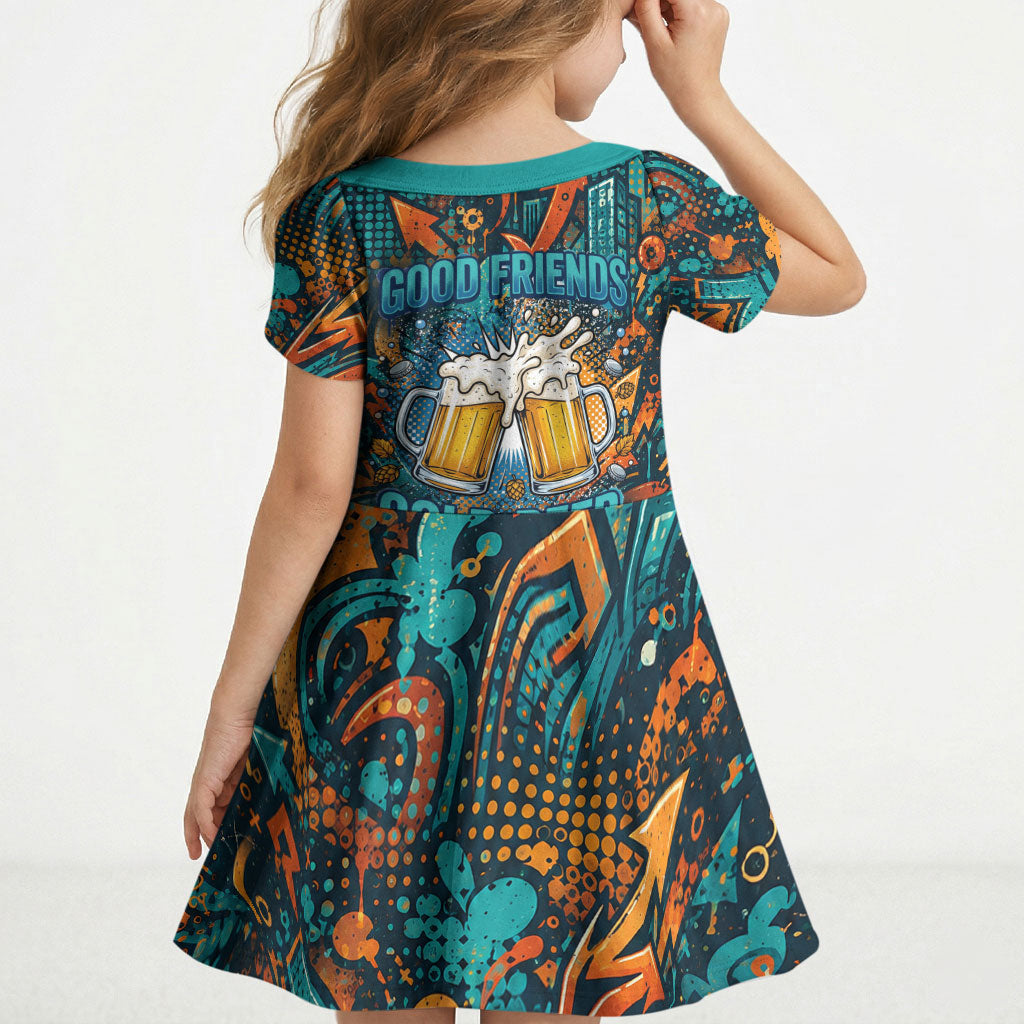 Beer Lovers Cheers To Good Times Kid Short Sleeve Dress Urban Graffiti Pattern With Frothy Clinking Mugs Art