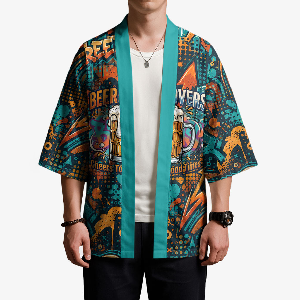 Beer Lovers Cheers To Good Times Kimono Urban Graffiti Pattern With Frothy Clinking Mugs Art
