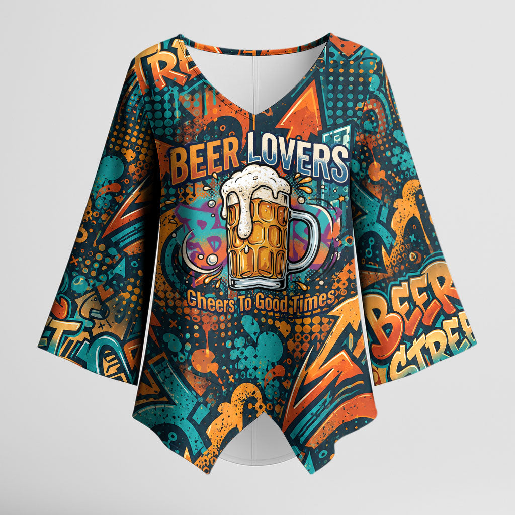 Beer Lovers Cheers To Good Times Kimono Sleeve Blouse Urban Graffiti Pattern With Frothy Clinking Mugs Art