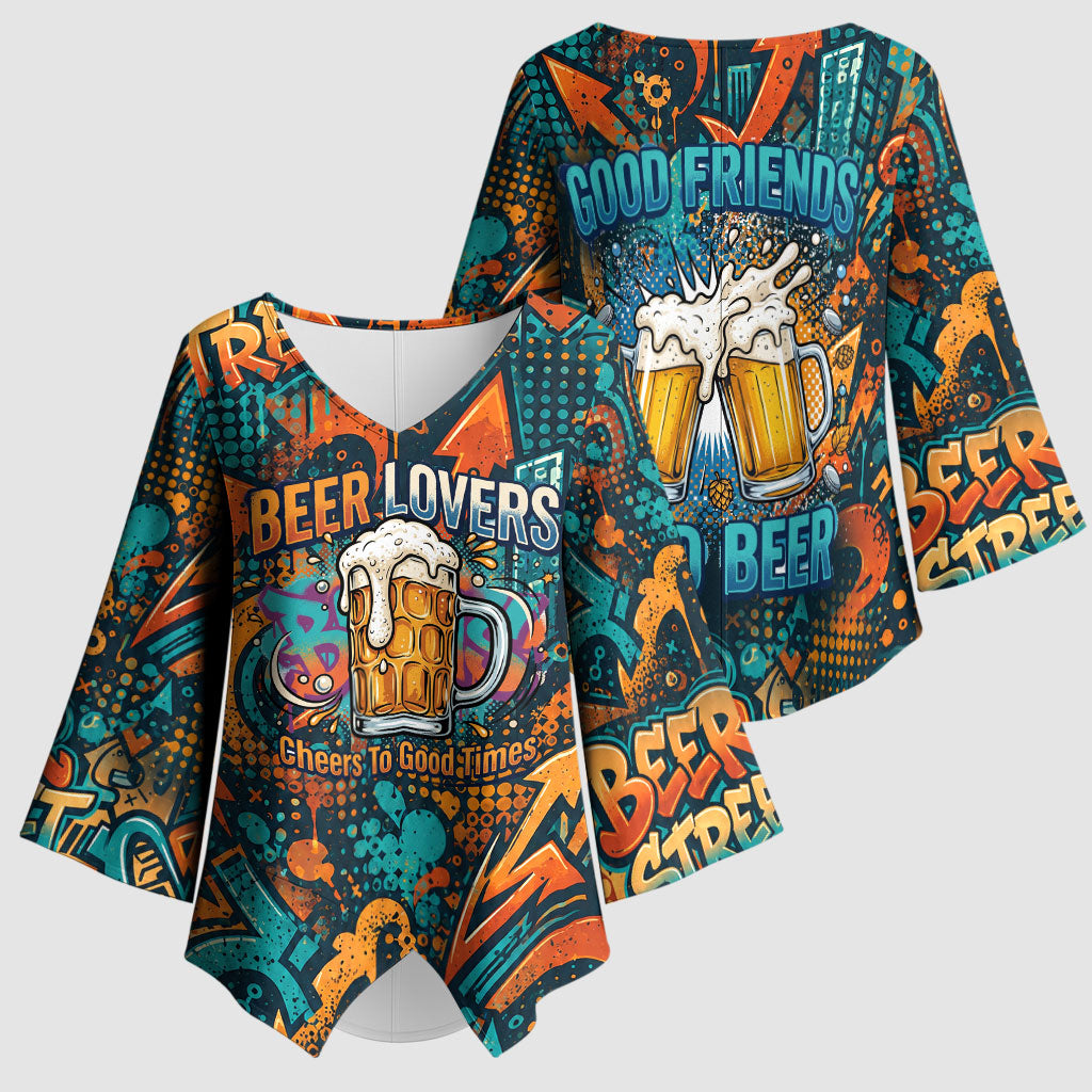 Beer Lovers Cheers To Good Times Kimono Sleeve Blouse Urban Graffiti Pattern With Frothy Clinking Mugs Art