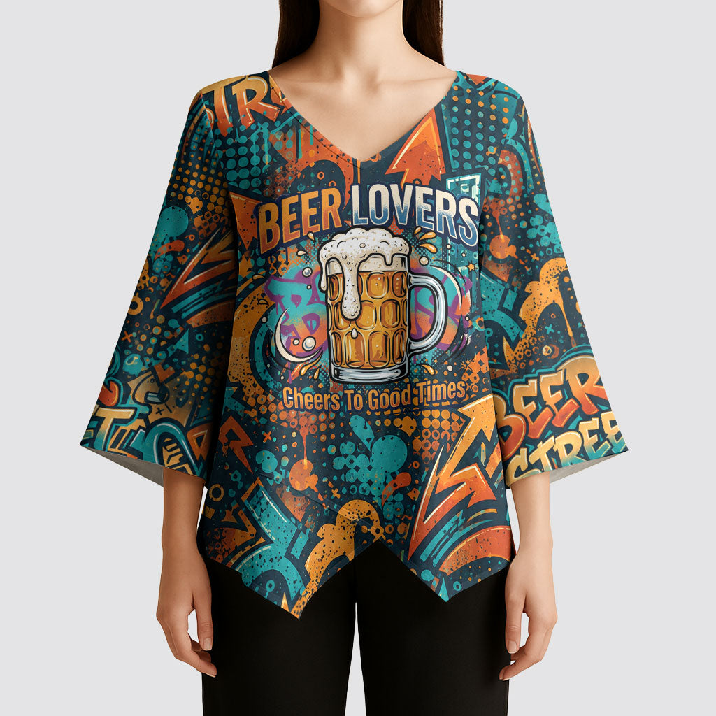 Beer Lovers Cheers To Good Times Kimono Sleeve Blouse Urban Graffiti Pattern With Frothy Clinking Mugs Art
