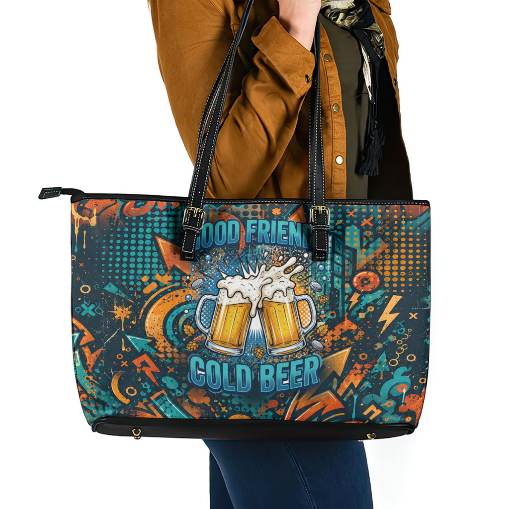 Beer Lovers Cheers To Good Times Leather Tote Bag Urban Graffiti Pattern With Frothy Clinking Mugs Art