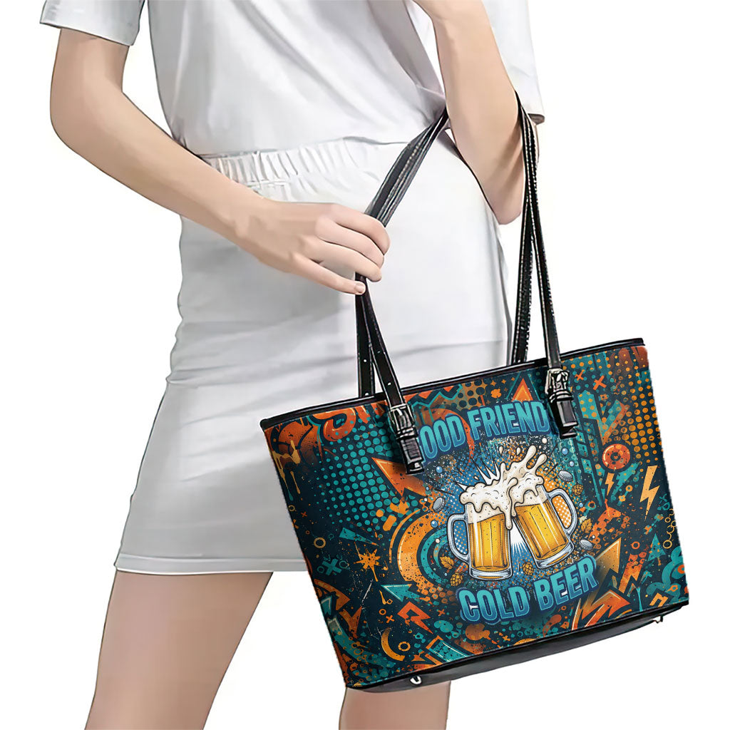 Beer Lovers Cheers To Good Times Leather Tote Bag Urban Graffiti Pattern With Frothy Clinking Mugs Art