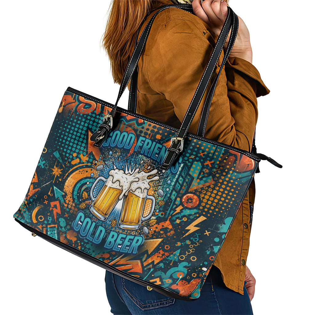 Beer Lovers Cheers To Good Times Leather Tote Bag Urban Graffiti Pattern With Frothy Clinking Mugs Art