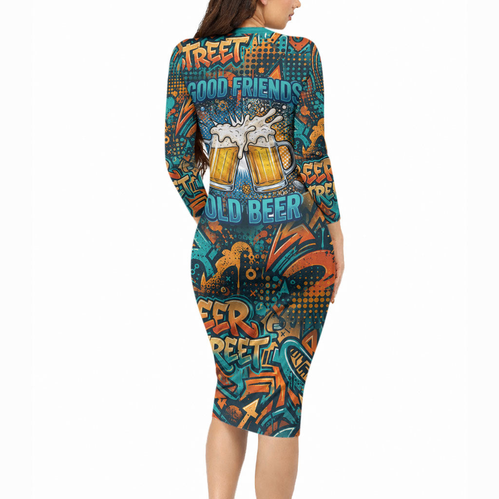 Beer Lovers Cheers To Good Times Long Sleeve Bodycon Dress Urban Graffiti Pattern With Frothy Clinking Mugs Art