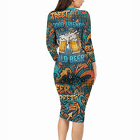 Beer Lovers Cheers To Good Times Long Sleeve Bodycon Dress Urban Graffiti Pattern With Frothy Clinking Mugs Art