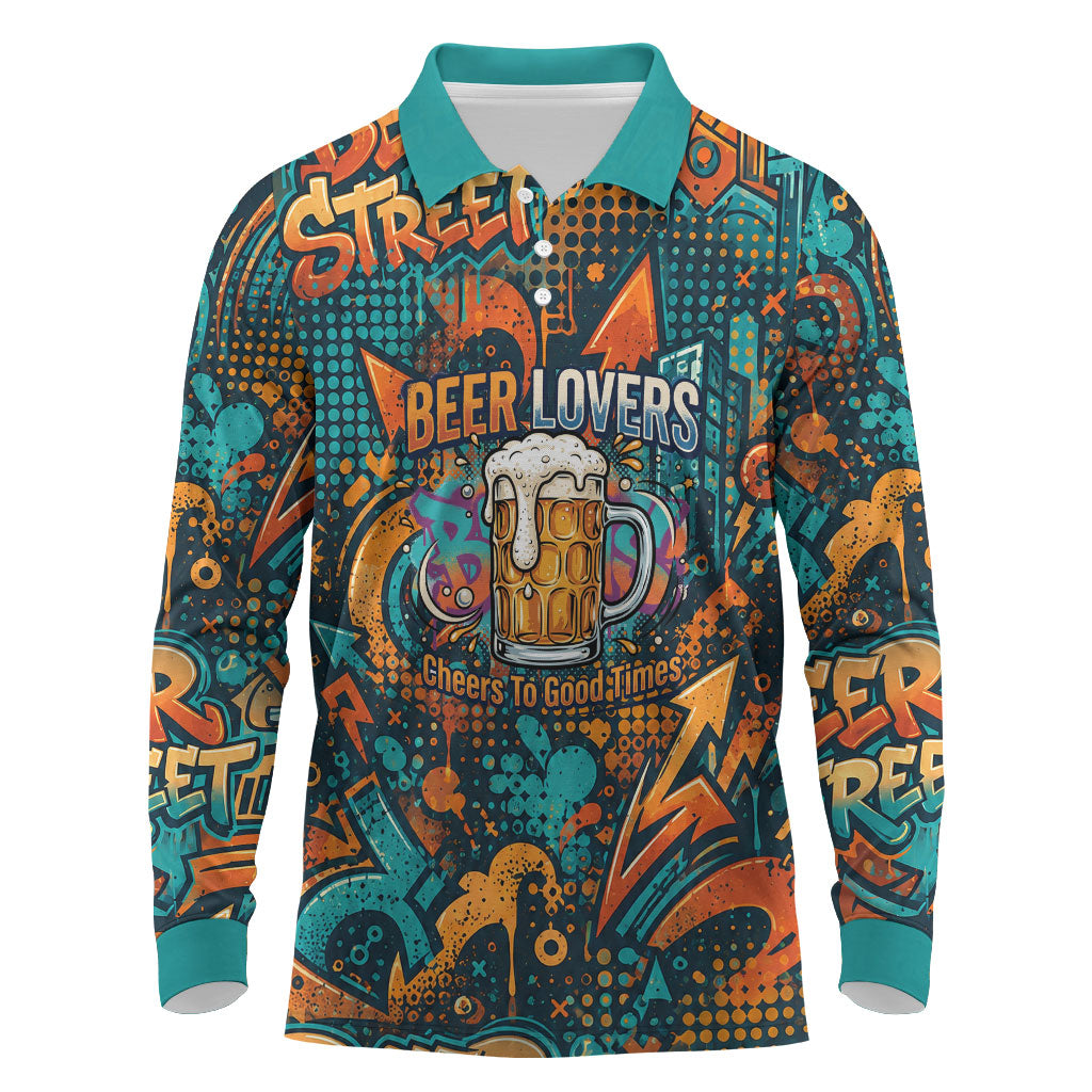 Beer Lovers Cheers To Good Times Long Sleeve Polo Shirt Urban Graffiti Pattern With Frothy Clinking Mugs Art
