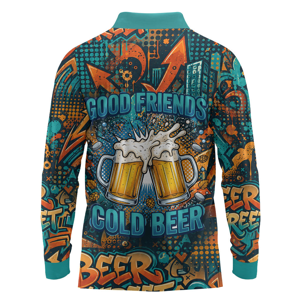Beer Lovers Cheers To Good Times Long Sleeve Polo Shirt Urban Graffiti Pattern With Frothy Clinking Mugs Art