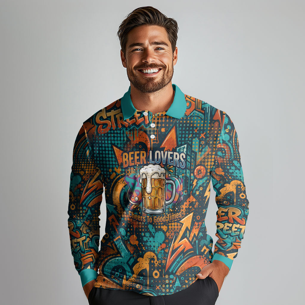Beer Lovers Cheers To Good Times Long Sleeve Polo Shirt Urban Graffiti Pattern With Frothy Clinking Mugs Art