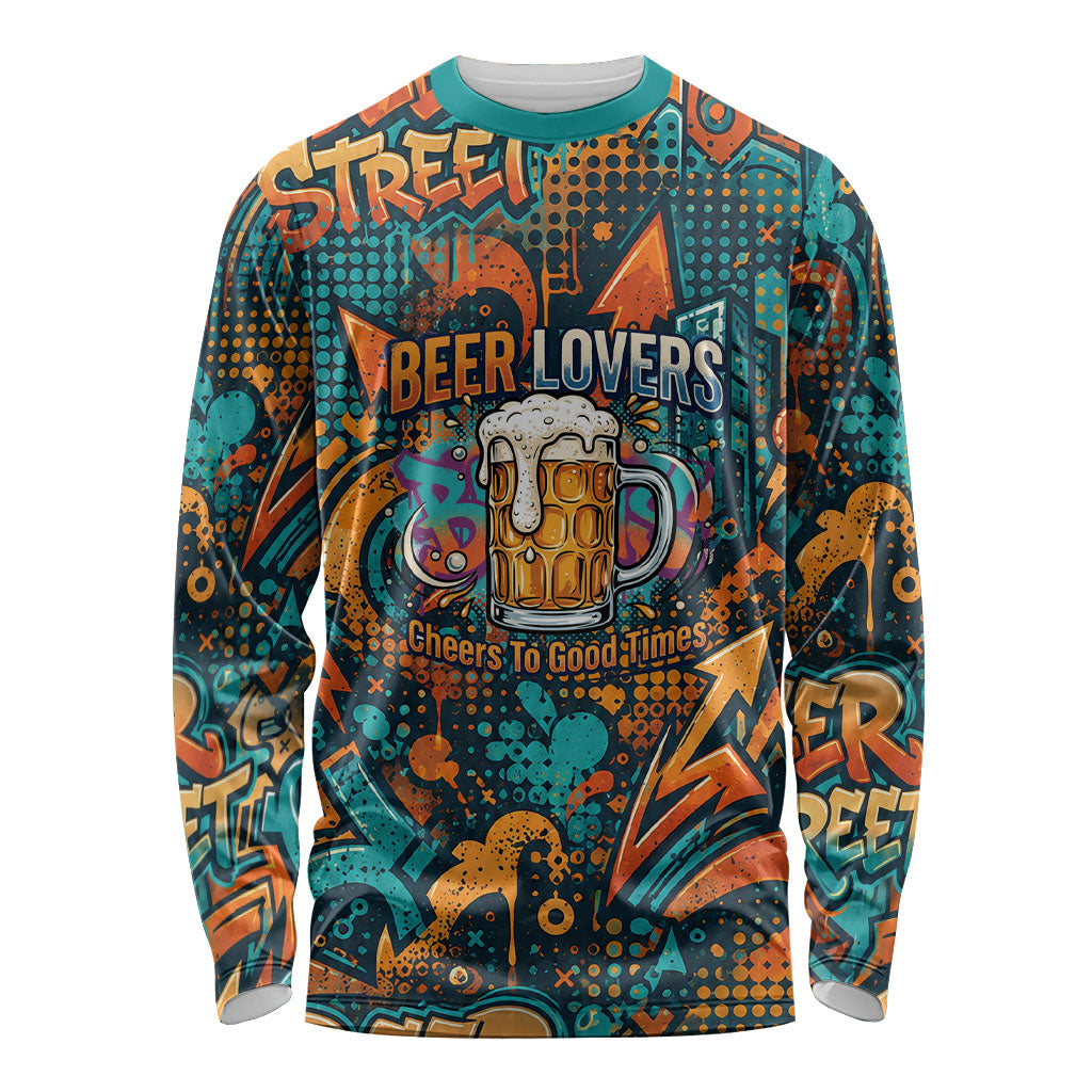 Beer Lovers Cheers To Good Times Long Sleeve Shirt Urban Graffiti Pattern With Frothy Clinking Mugs Art