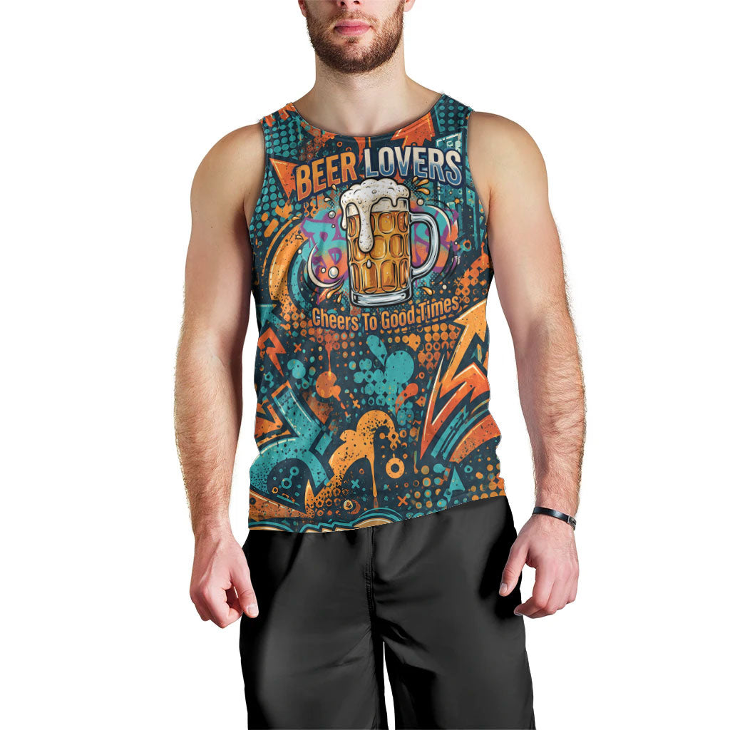 Beer Lovers Cheers To Good Times Men Tank Top Urban Graffiti Pattern With Frothy Clinking Mugs Art