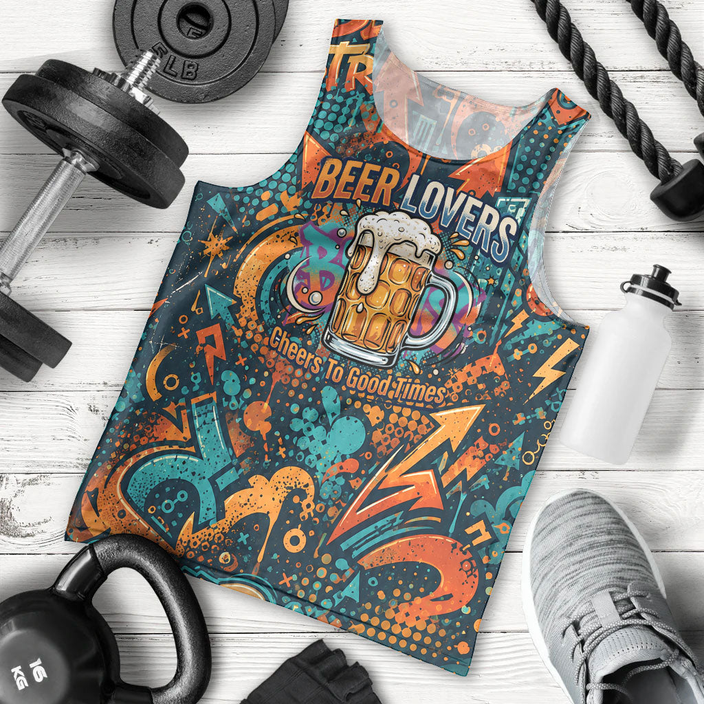 Beer Lovers Cheers To Good Times Men Tank Top Urban Graffiti Pattern With Frothy Clinking Mugs Art