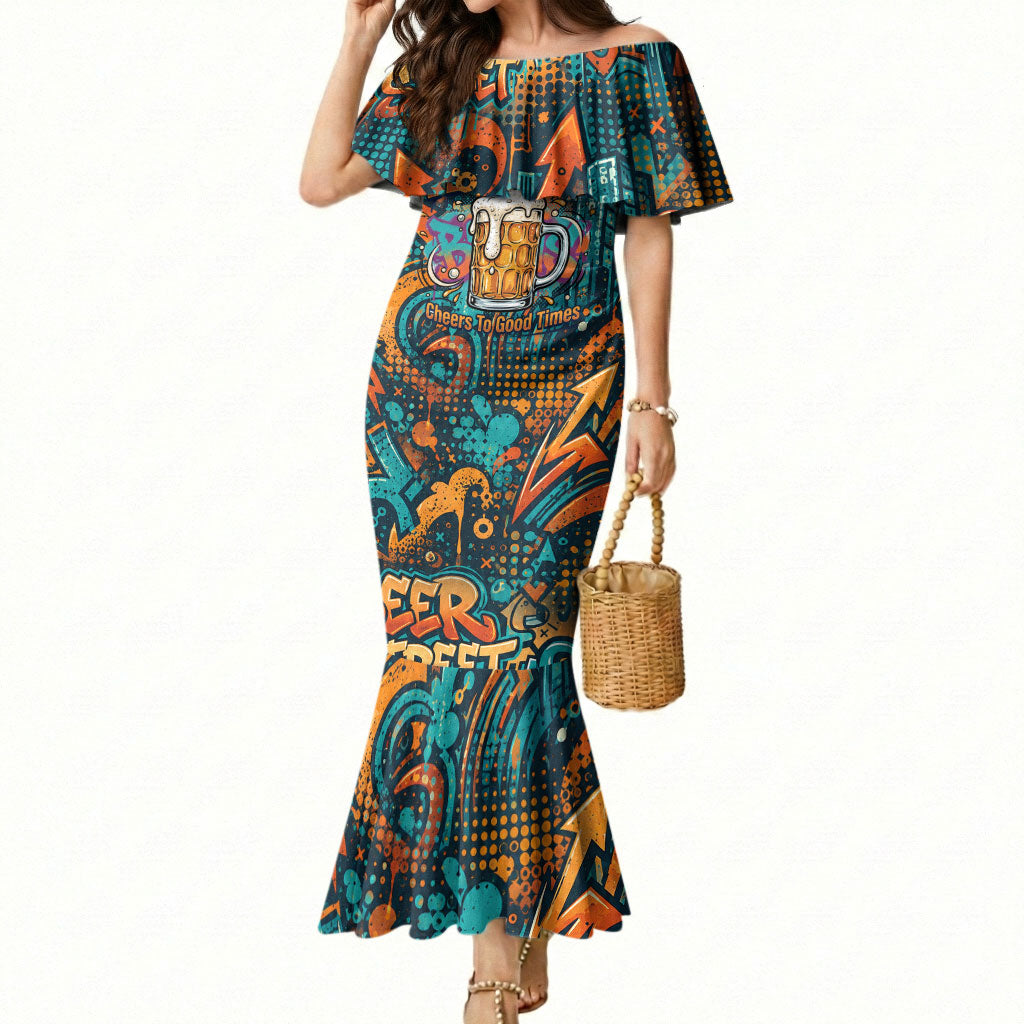 Beer Lovers Cheers To Good Times Mermaid Dress Urban Graffiti Pattern With Frothy Clinking Mugs Art