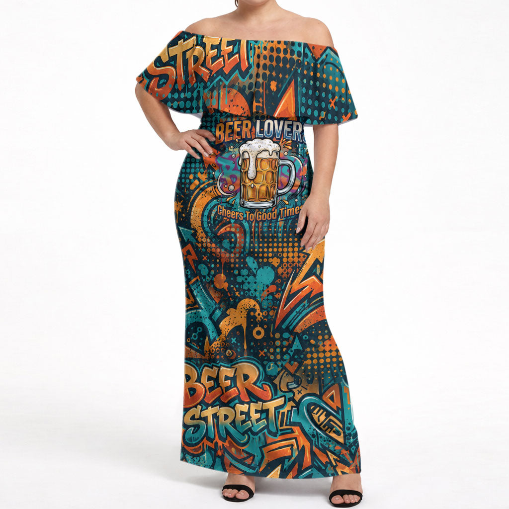 Beer Lovers Cheers To Good Times Off Shoulder Maxi Dress Urban Graffiti Pattern With Frothy Clinking Mugs Art