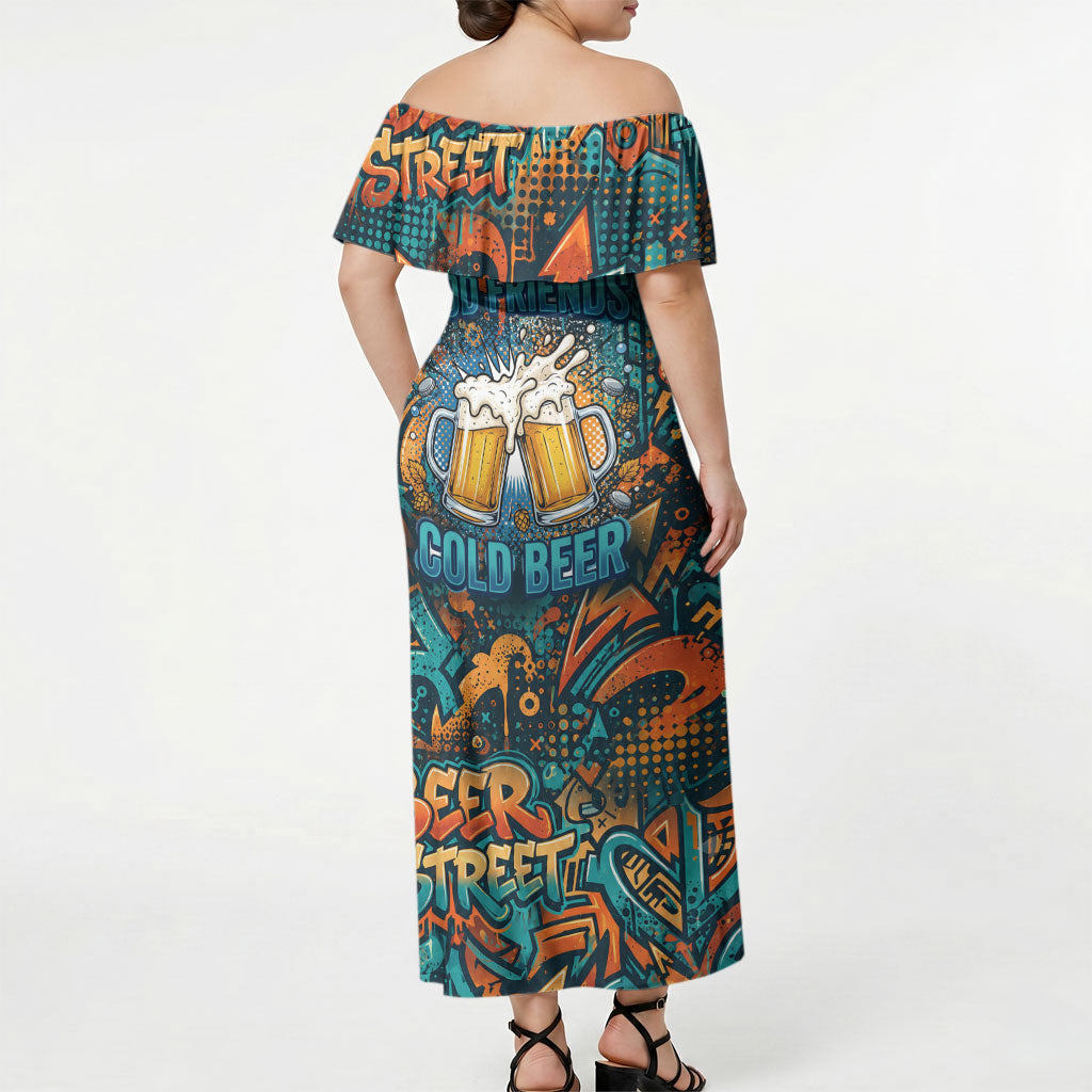 Beer Lovers Cheers To Good Times Off Shoulder Maxi Dress Urban Graffiti Pattern With Frothy Clinking Mugs Art