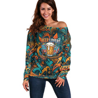 Beer Lovers Cheers To Good Times Off Shoulder Sweater Urban Graffiti Pattern With Frothy Clinking Mugs Art