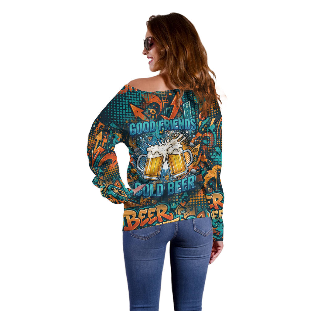 Beer Lovers Cheers To Good Times Off Shoulder Sweater Urban Graffiti Pattern With Frothy Clinking Mugs Art