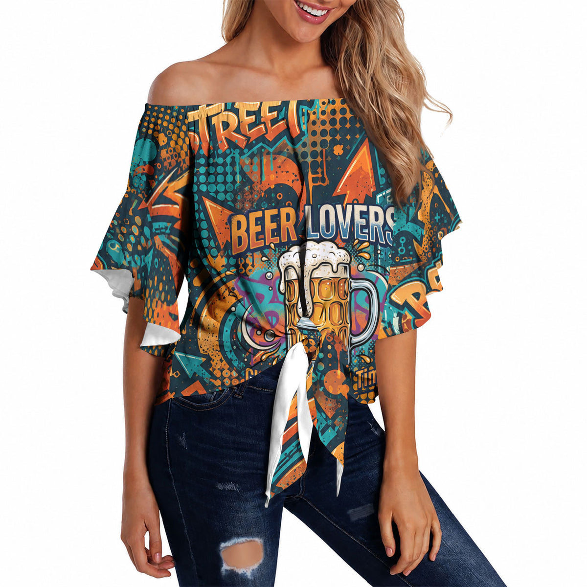 Beer Lovers Cheers To Good Times Off Shoulder Wrap Waist Top Urban Graffiti Pattern With Frothy Clinking Mugs Art