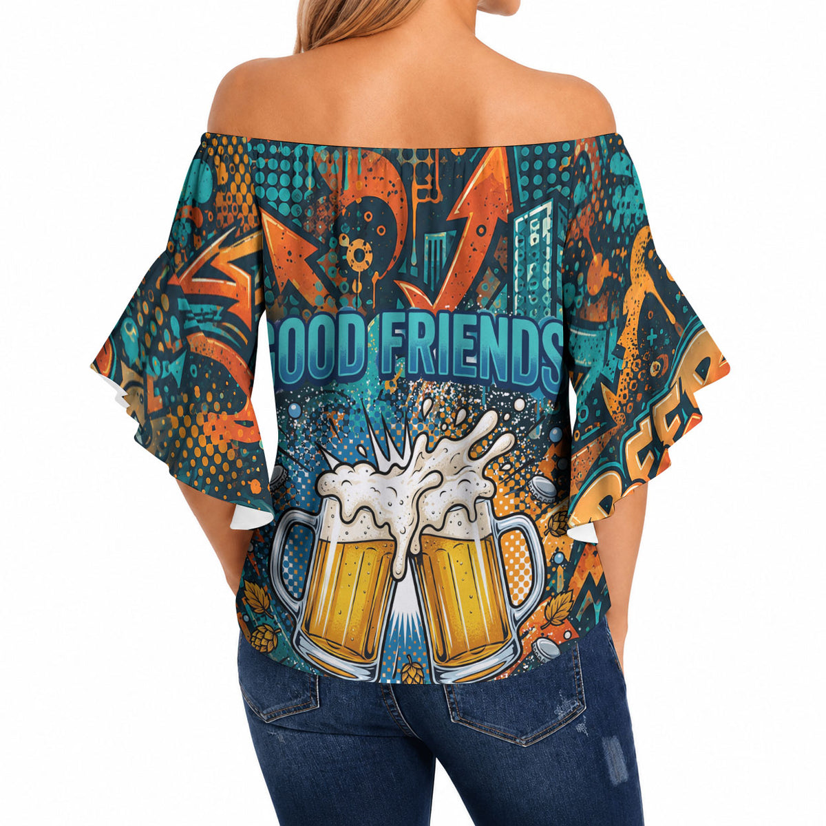 Beer Lovers Cheers To Good Times Off Shoulder Wrap Waist Top Urban Graffiti Pattern With Frothy Clinking Mugs Art