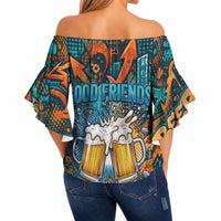 Beer Lovers Cheers To Good Times Off Shoulder Wrap Waist Top Urban Graffiti Pattern With Frothy Clinking Mugs Art
