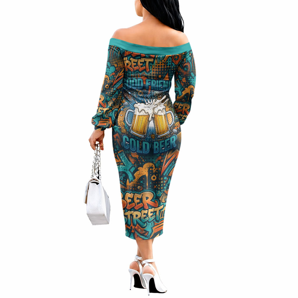 Beer Lovers Cheers To Good Times Off The Shoulder Long Sleeve Dress Urban Graffiti Pattern With Frothy Clinking Mugs Art