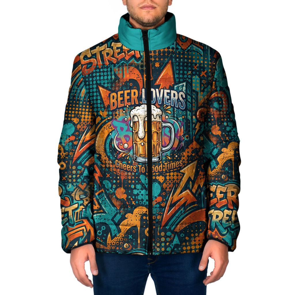 Beer Lovers Cheers To Good Times Padded Jacket Urban Graffiti Pattern With Frothy Clinking Mugs Art