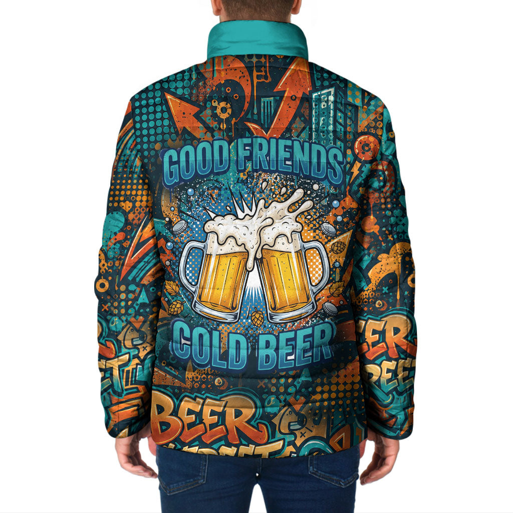 Beer Lovers Cheers To Good Times Padded Jacket Urban Graffiti Pattern With Frothy Clinking Mugs Art
