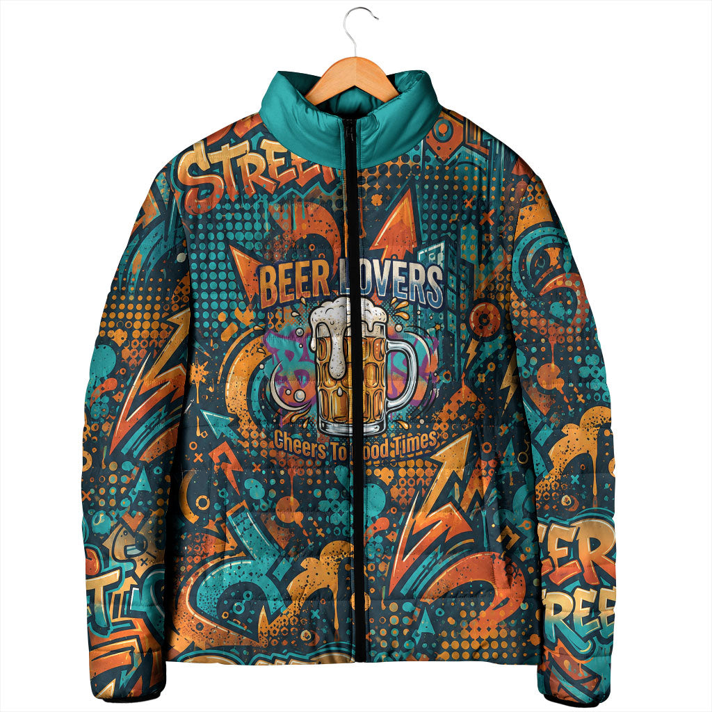 Beer Lovers Cheers To Good Times Padded Jacket Urban Graffiti Pattern With Frothy Clinking Mugs Art