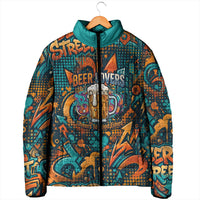 Beer Lovers Cheers To Good Times Padded Jacket Urban Graffiti Pattern With Frothy Clinking Mugs Art