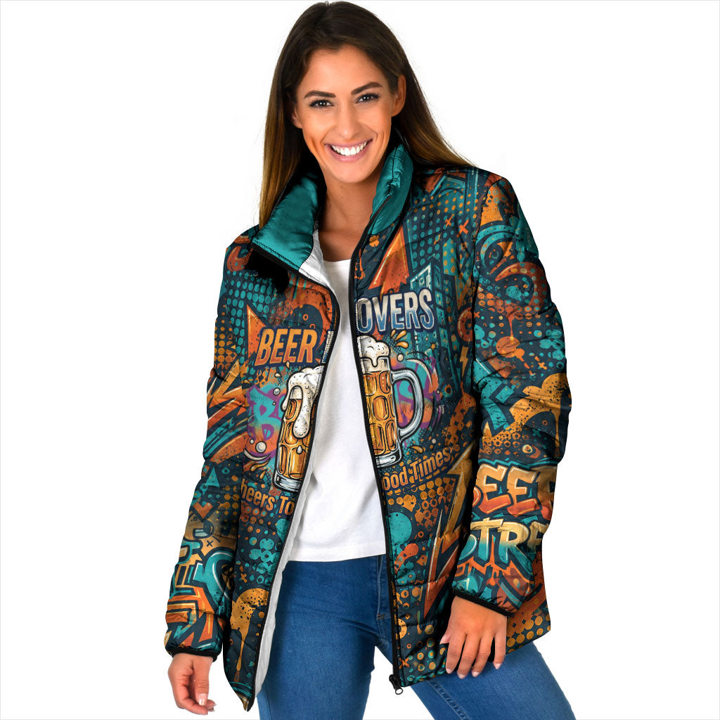 Beer Lovers Cheers To Good Times Padded Jacket Urban Graffiti Pattern With Frothy Clinking Mugs Art