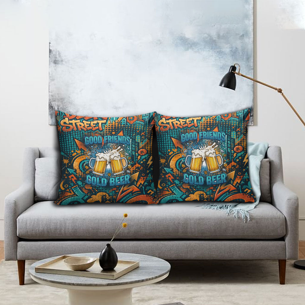 Beer Lovers Cheers To Good Times Pillow Cover Urban Graffiti Pattern With Frothy Clinking Mugs Art